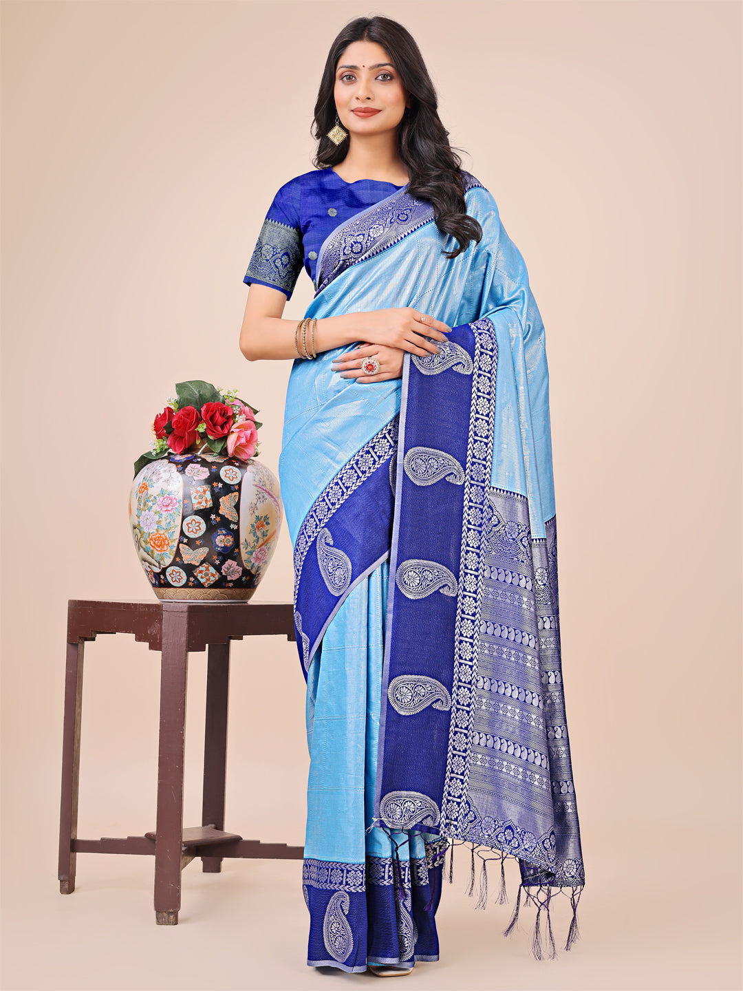 Astita Graceful Light & Dark Sky Blue Silk Saree with Rich Woven Border & Paisley Pallu - Perfect for Festive & Wedding Wear - Distacart