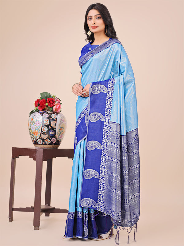 Astita Graceful Light & Dark Sky Blue Silk Saree with Rich Woven Border & Paisley Pallu - Perfect for Festive & Wedding Wear - Distacart