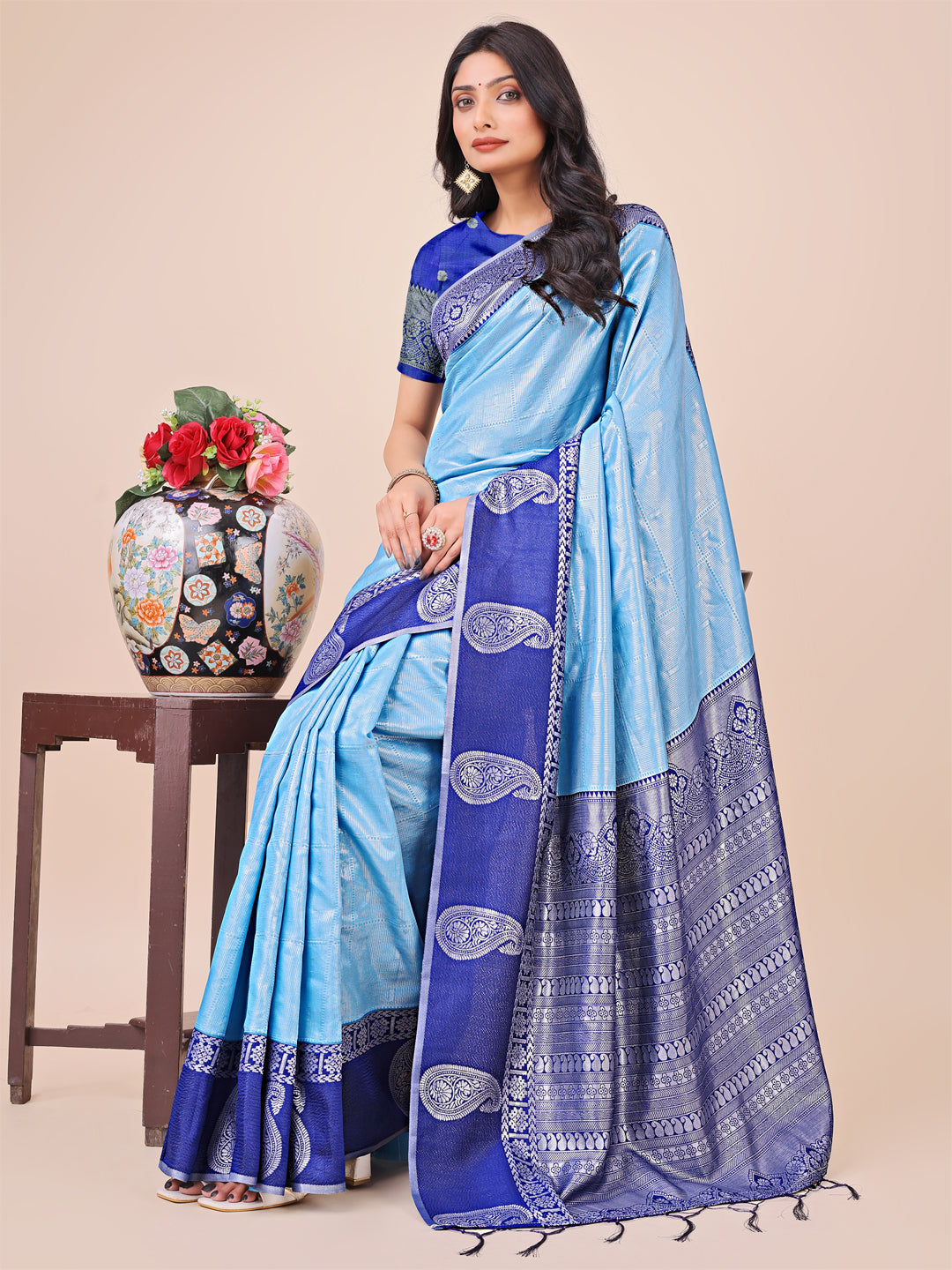 Astita Graceful Light & Dark Sky Blue Silk Saree with Rich Woven Border & Paisley Pallu - Perfect for Festive & Wedding Wear - Distacart