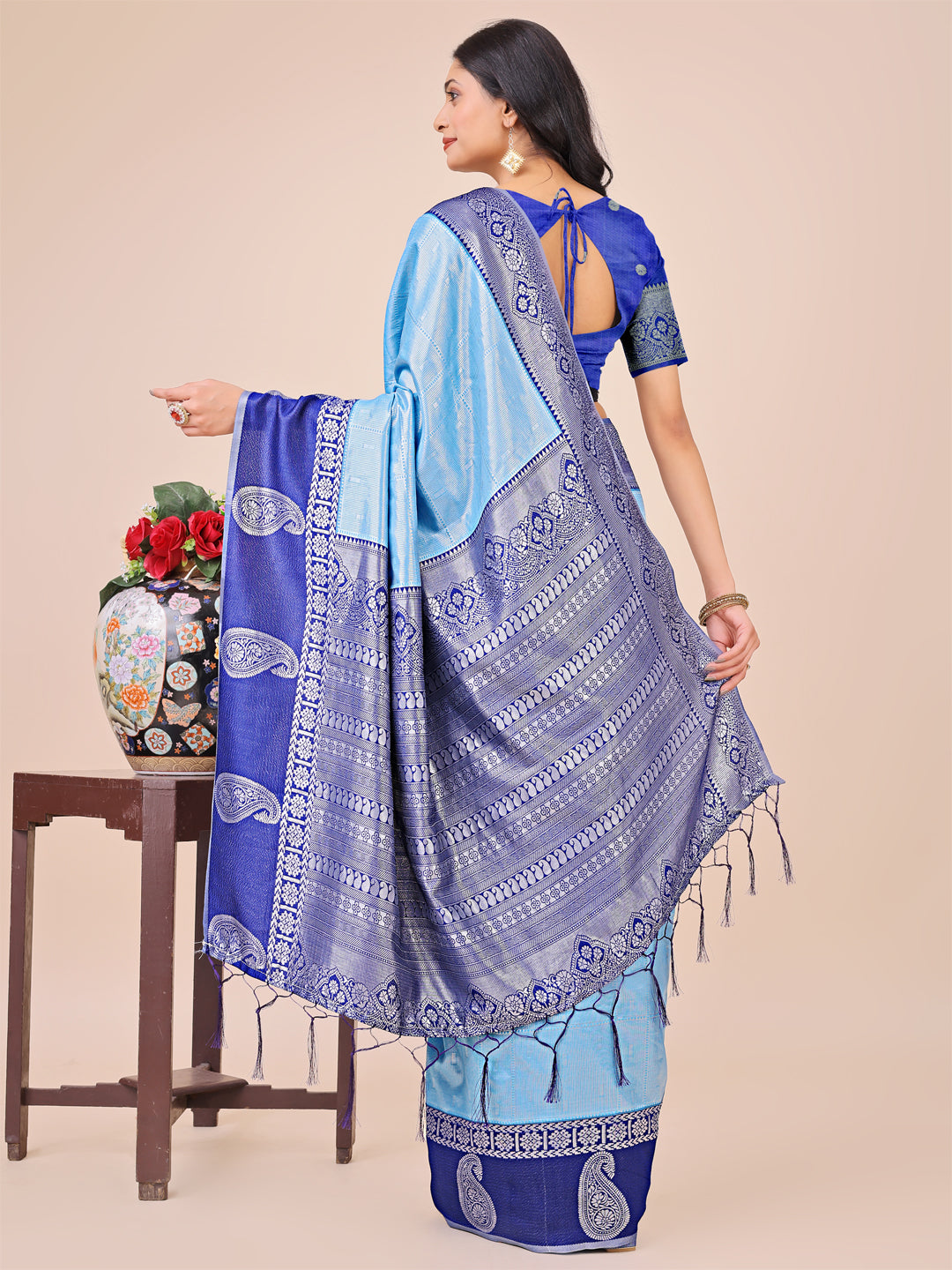 Astita Graceful Light & Dark Sky Blue Silk Saree with Rich Woven Border & Paisley Pallu - Perfect for Festive & Wedding Wear - Distacart