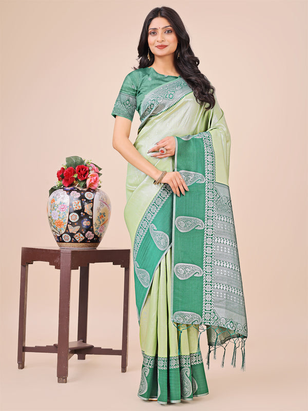 Astita Graceful Light & Dark Light Green Silk Saree with Rich Woven Border & Paisley Pallu - Perfect for Festive & Wedding Wear - Distacart