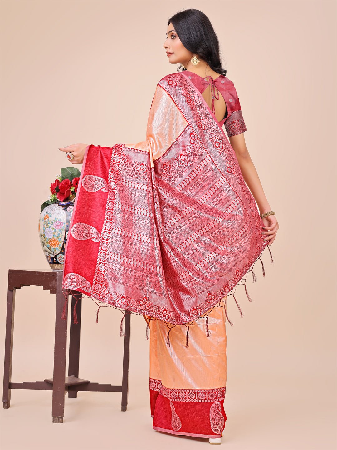 Astita Graceful Light & Dark Peach Silk Saree with Rich Woven Border & Paisley Pallu - Perfect for Festive & Wedding Wear - Distacart