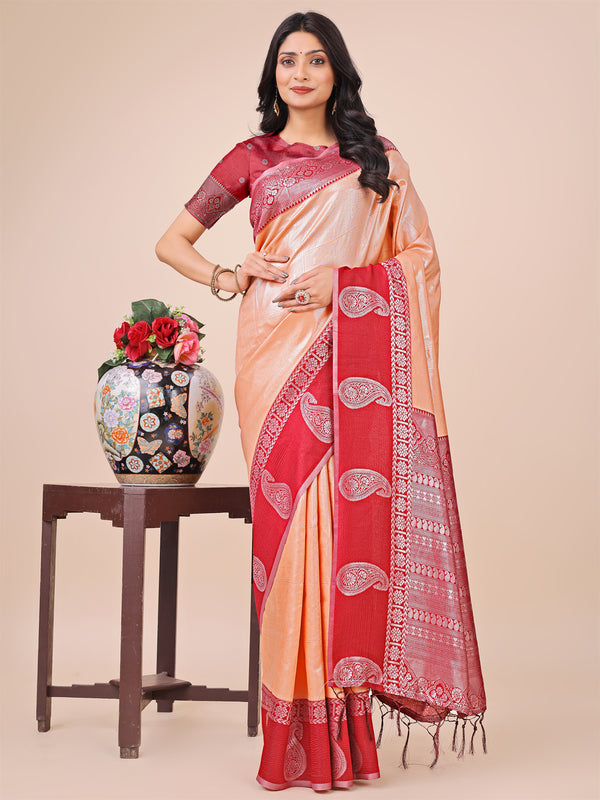 Astita Graceful Light & Dark Peach Silk Saree with Rich Woven Border & Paisley Pallu - Perfect for Festive & Wedding Wear - Distacart