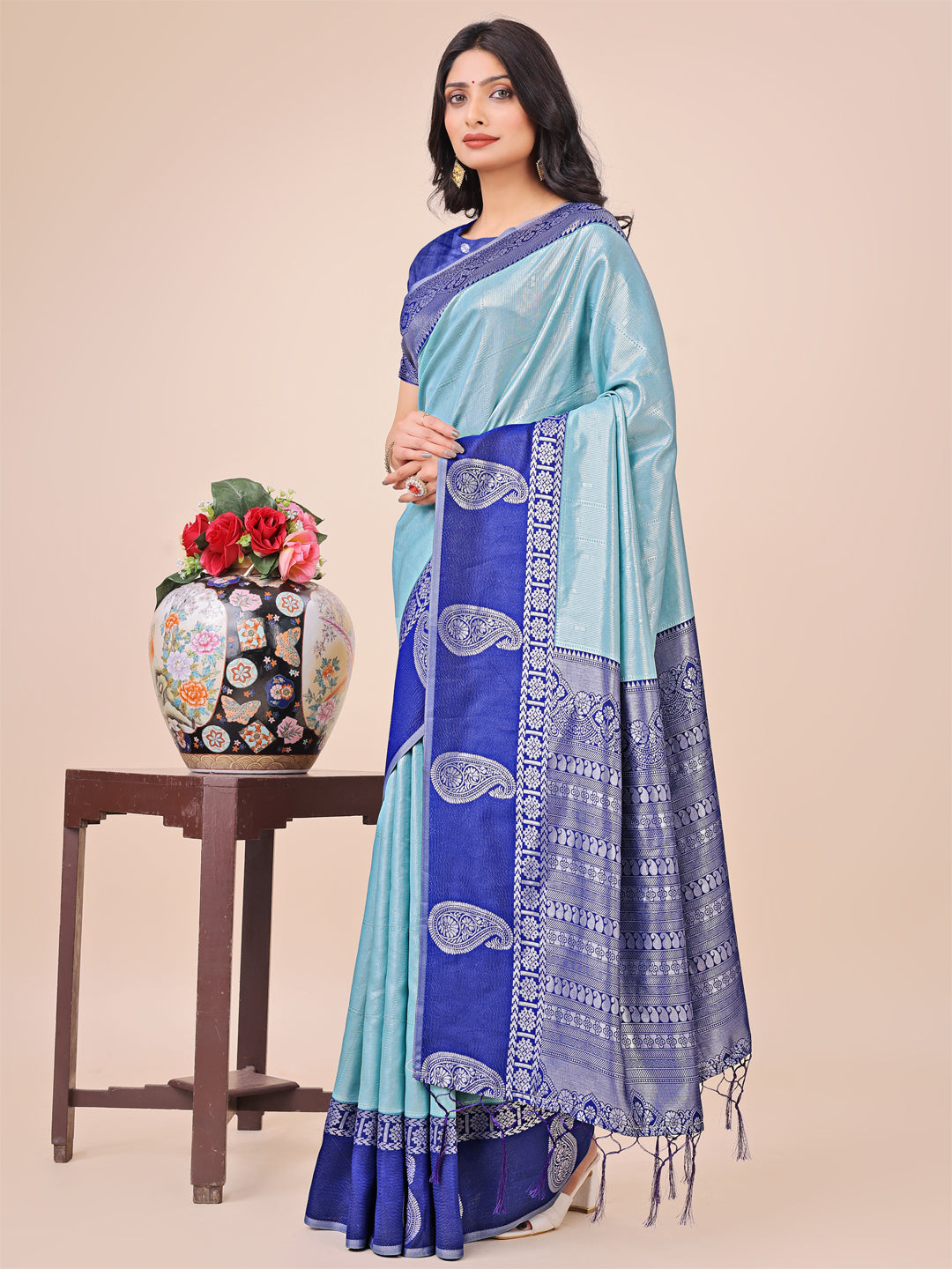 Astita Graceful Light & Dark Teal Silk Saree with Rich Woven Border & Paisley Pallu - Perfect for Festive & Wedding Wear - Distacart