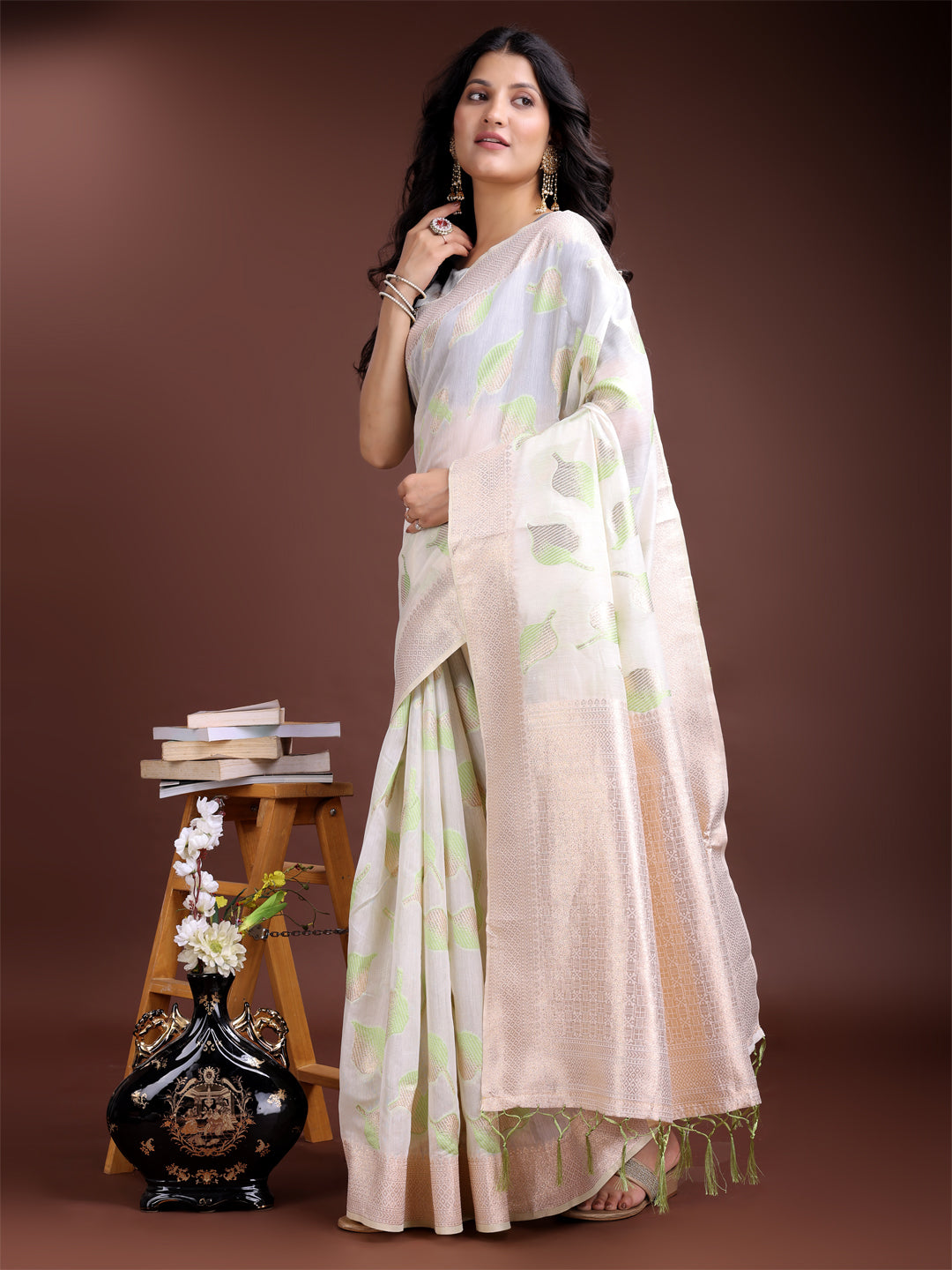 Astita White & Light Green Cotton Woven Zari Work Traditional Tassel Saree - Distacart