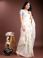 Thumbnail for Astita White & Light Green Cotton Woven Zari Work Traditional Tassel Saree - Distacart