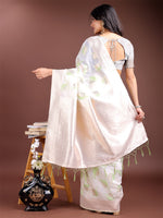 Thumbnail for Astita White & Light Green Cotton Woven Zari Work Traditional Tassel Saree - Distacart