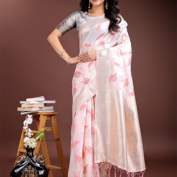 Astita White & Pink Cotton Woven Zari Work Traditional Tassel Saree - Distacart