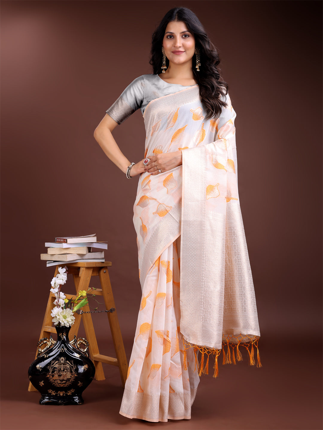 Astita White & Orange Cotton Woven Zari Work Traditional Tassel Saree - Distacart