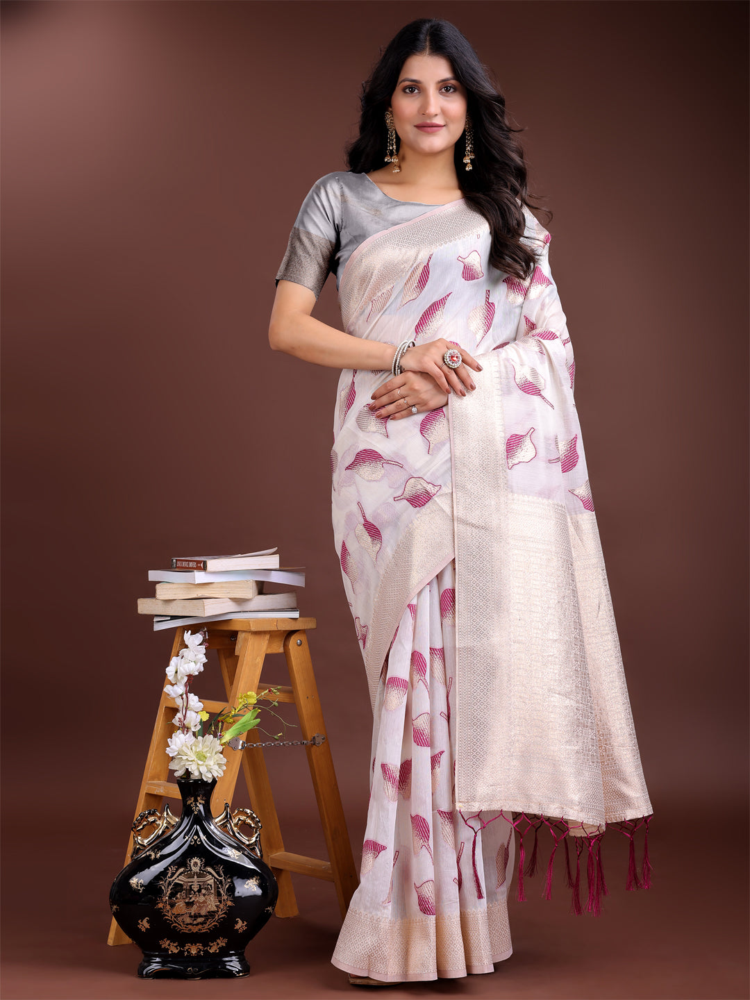 Astita White & Purple Cotton Woven Zari Work Traditional Tassel Saree - Distacart
