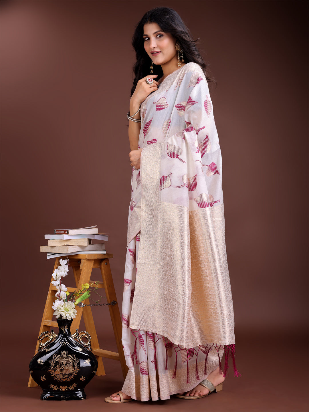 Astita White & Purple Cotton Woven Zari Work Traditional Tassel Saree - Distacart