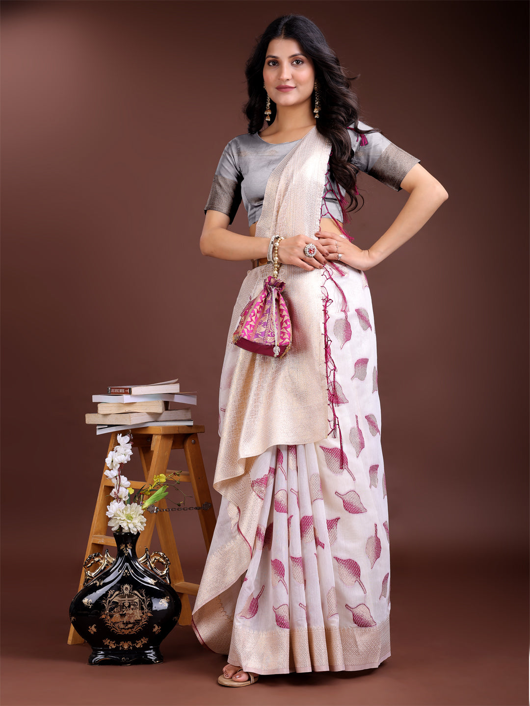 Astita White & Purple Cotton Woven Zari Work Traditional Tassel Saree - Distacart