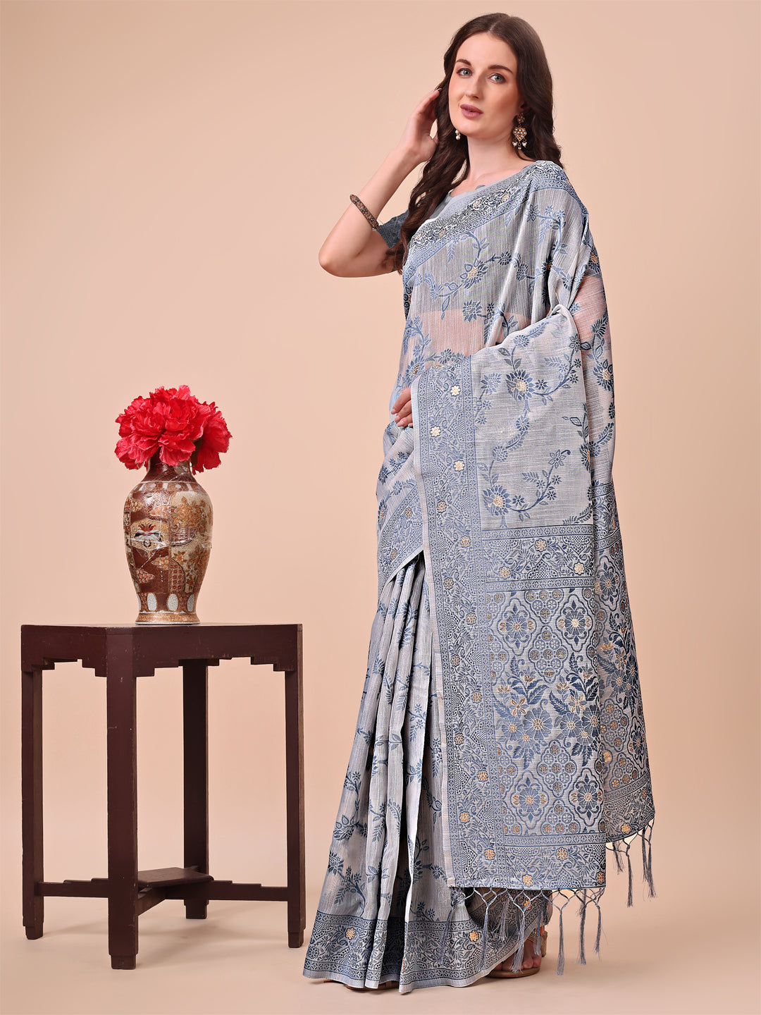 Astita Beige & Grey Banarasi Cotton Saree with Floral Zari Work and Traditional Pallu - Elegant Ethnic Wear for Festivals & Ceremonies - Distacart