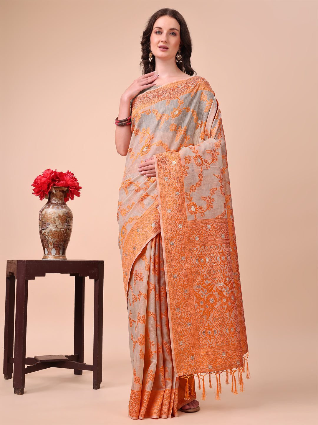 Astita Beige & Orange Banarasi Cotton Saree with Floral Zari Work and Traditional Pallu - Elegant Ethnic Wear for Festivals & Ceremonies - Distacart