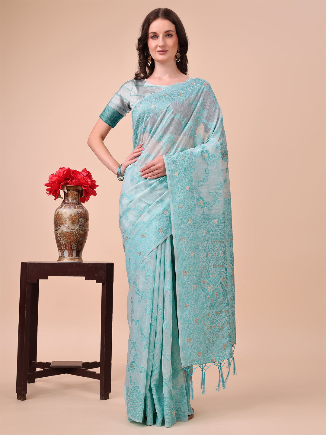 Astita Beige & Sky Blue Banarasi Cotton Saree with Floral Zari Work and Traditional Pallu - Elegant Ethnic Wear for Festivals & Ceremonies - Distacart