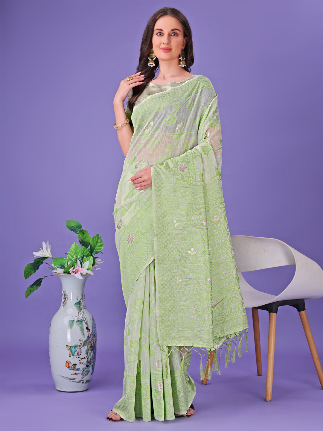Astita Light Green Lichi Silk Saree with Floral Weaving & Tassel Pallu - Elegant Festive & Party Wear Saree - Distacart