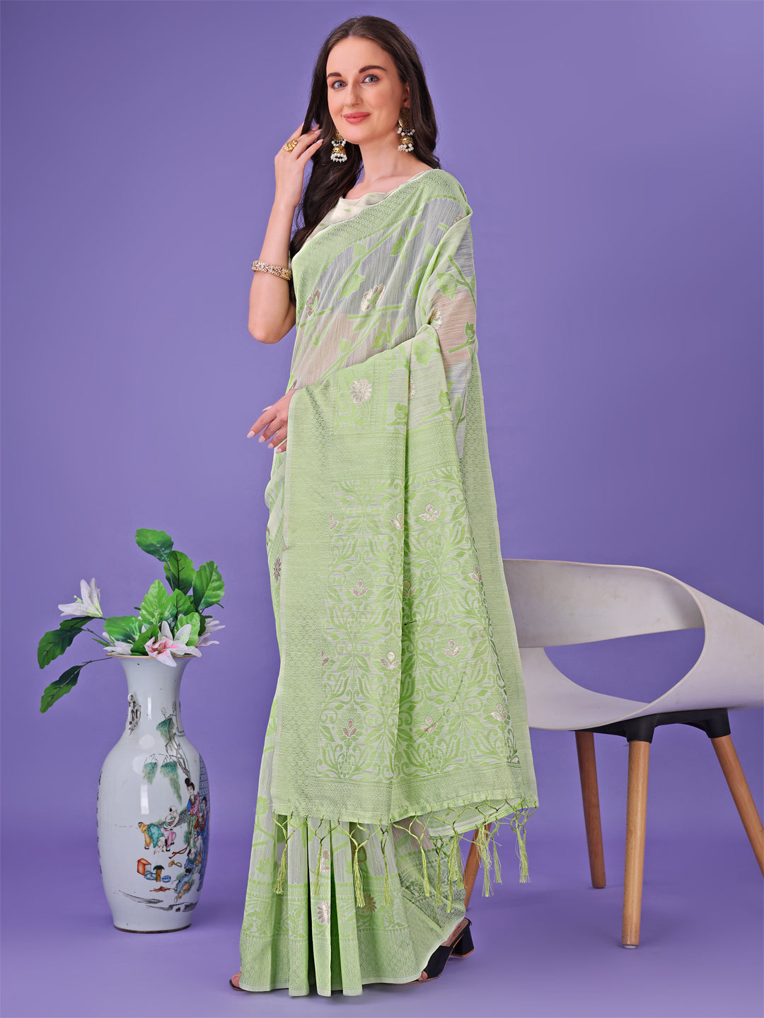 Astita Light Green Lichi Silk Saree with Floral Weaving & Tassel Pallu - Elegant Festive & Party Wear Saree - Distacart