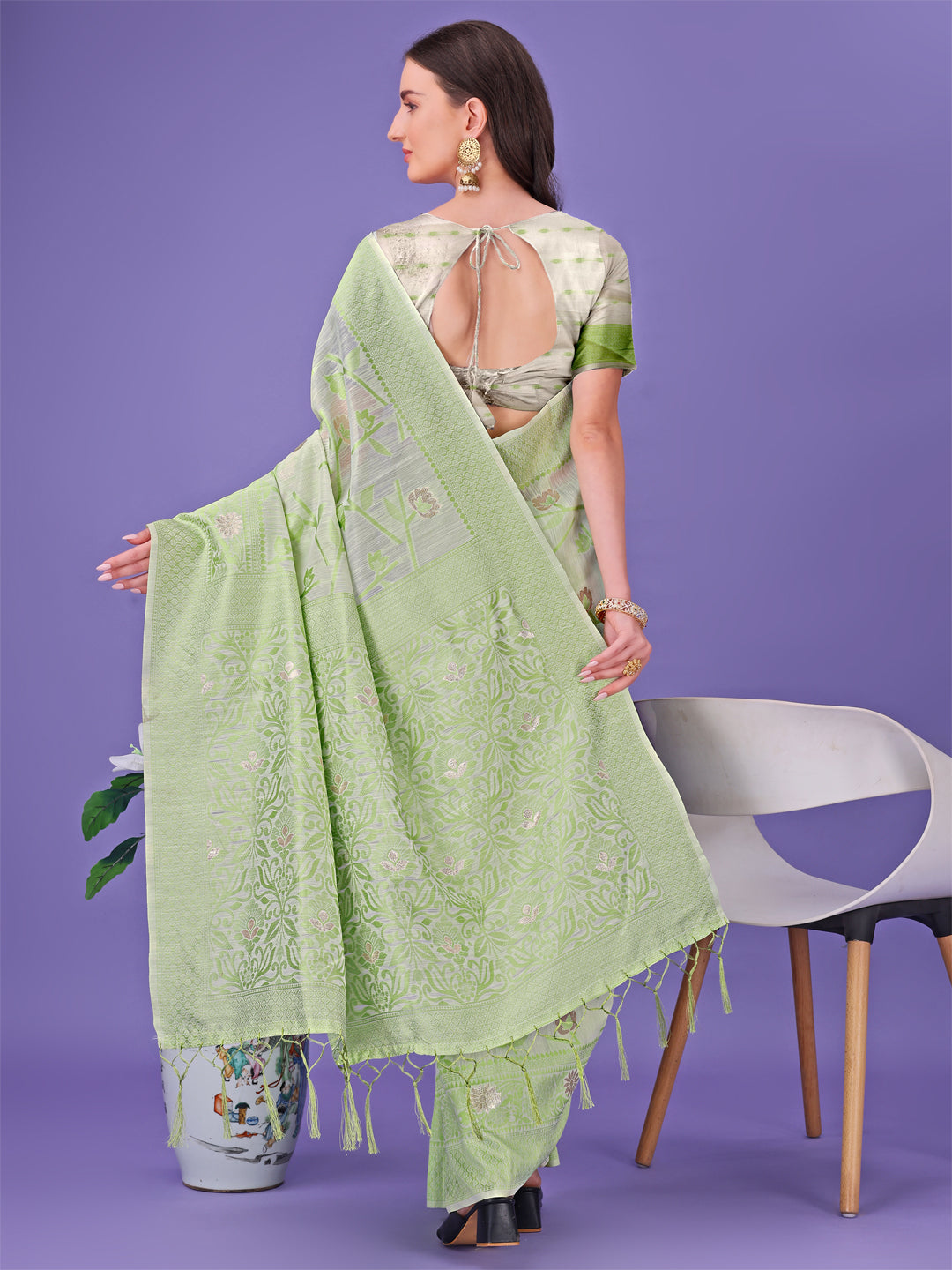 Astita Light Green Lichi Silk Saree with Floral Weaving & Tassel Pallu - Elegant Festive & Party Wear Saree - Distacart