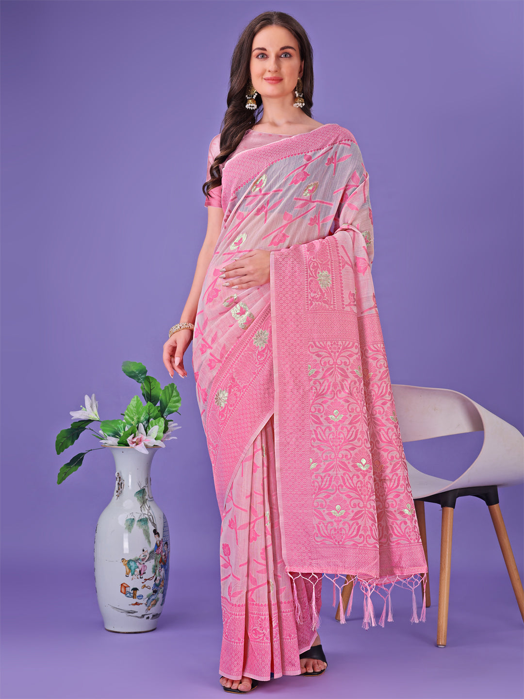 Astita Light Pink Lichi Silk Saree with Floral Weaving & Tassel Pallu - Elegant Festive & Party Wear Saree - Distacart