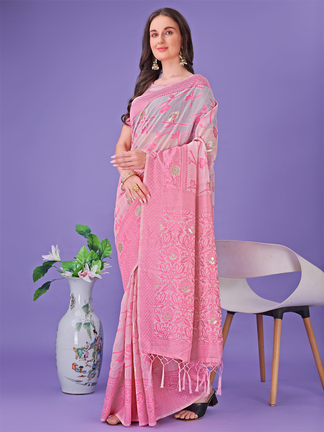 Astita Light Pink Lichi Silk Saree with Floral Weaving & Tassel Pallu - Elegant Festive & Party Wear Saree - Distacart