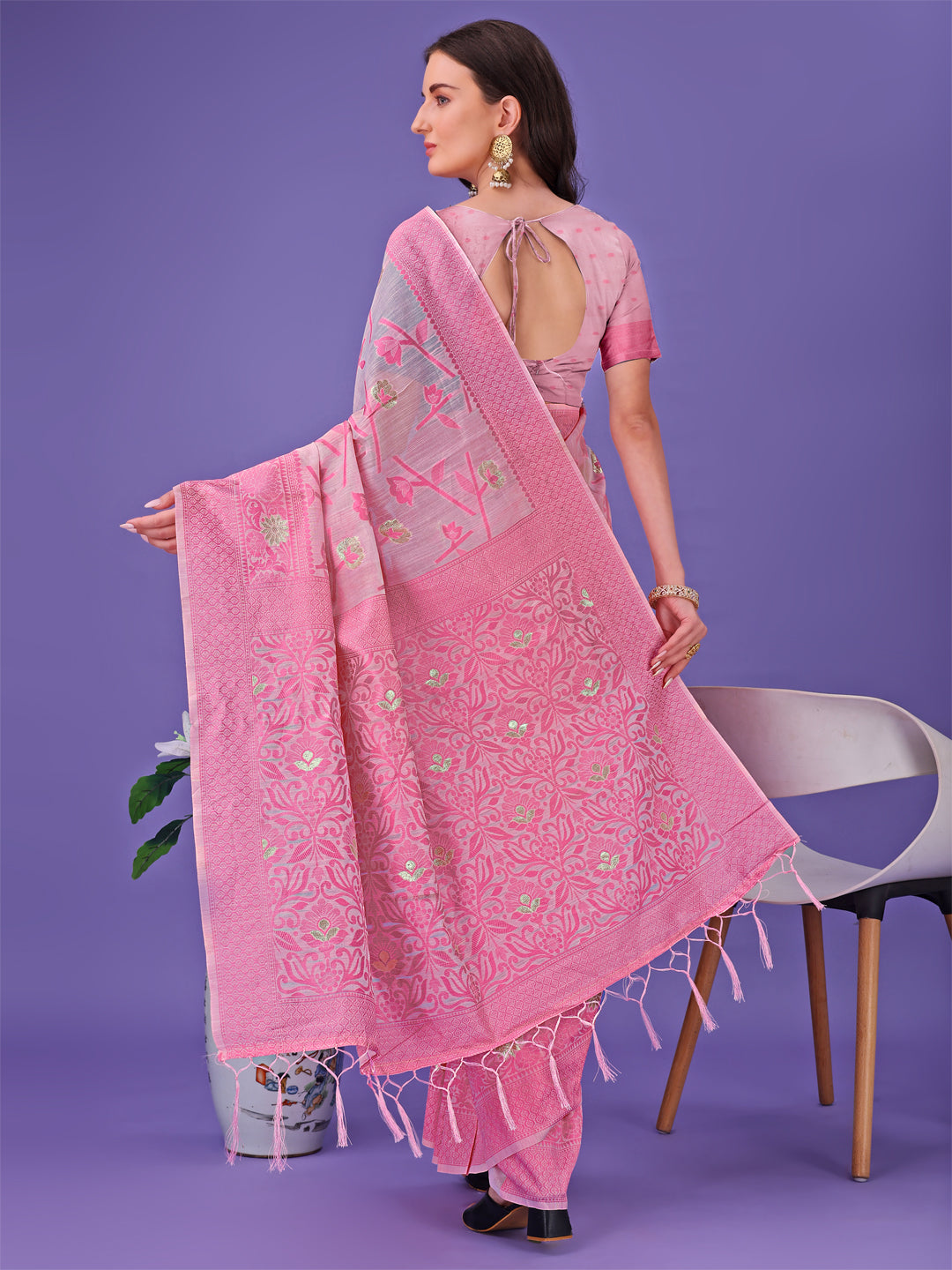 Astita Light Pink Lichi Silk Saree with Floral Weaving & Tassel Pallu - Elegant Festive & Party Wear Saree - Distacart