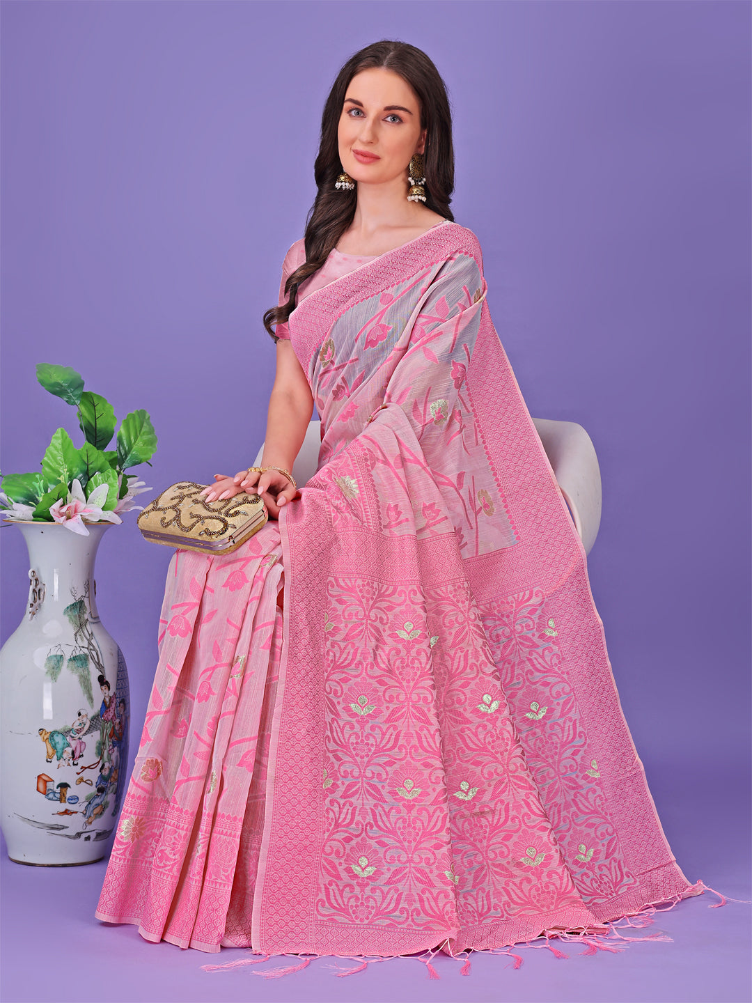 Astita Light Pink Lichi Silk Saree with Floral Weaving & Tassel Pallu - Elegant Festive & Party Wear Saree - Distacart