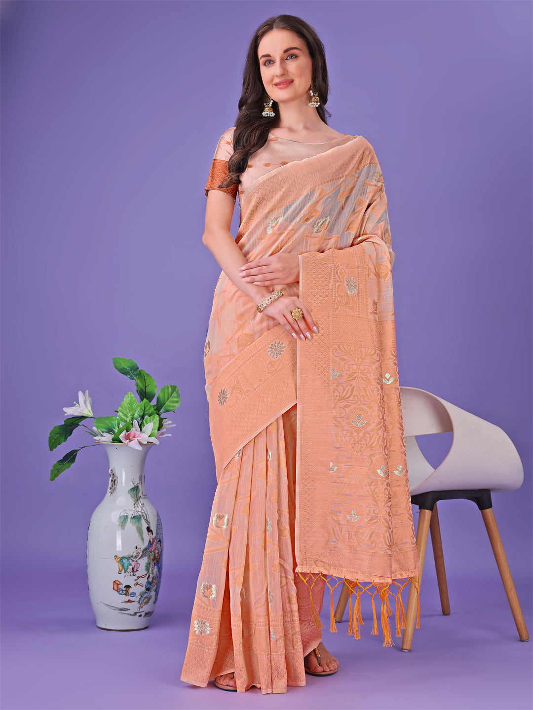 Astita Peach Lichi Silk Saree with Floral Weaving & Tassel Pallu - Elegant Festive & Party Wear Saree - Distacart
