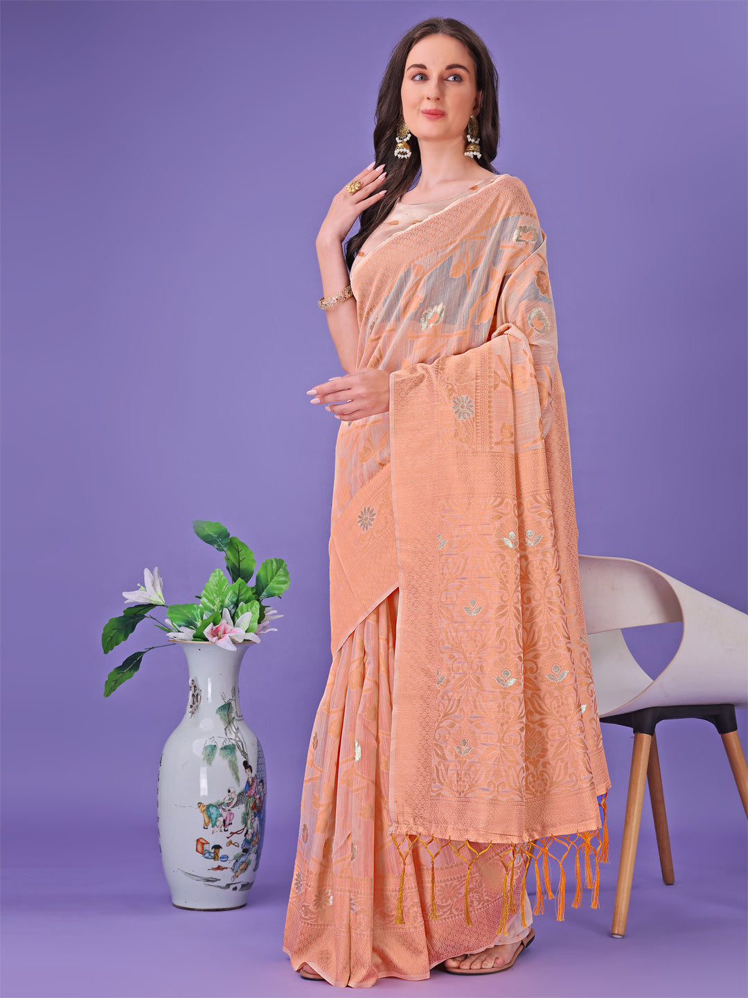 Astita Peach Lichi Silk Saree with Floral Weaving & Tassel Pallu - Elegant Festive & Party Wear Saree - Distacart