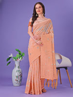 Thumbnail for Astita Peach Lichi Silk Saree with Floral Weaving & Tassel Pallu - Elegant Festive & Party Wear Saree - Distacart