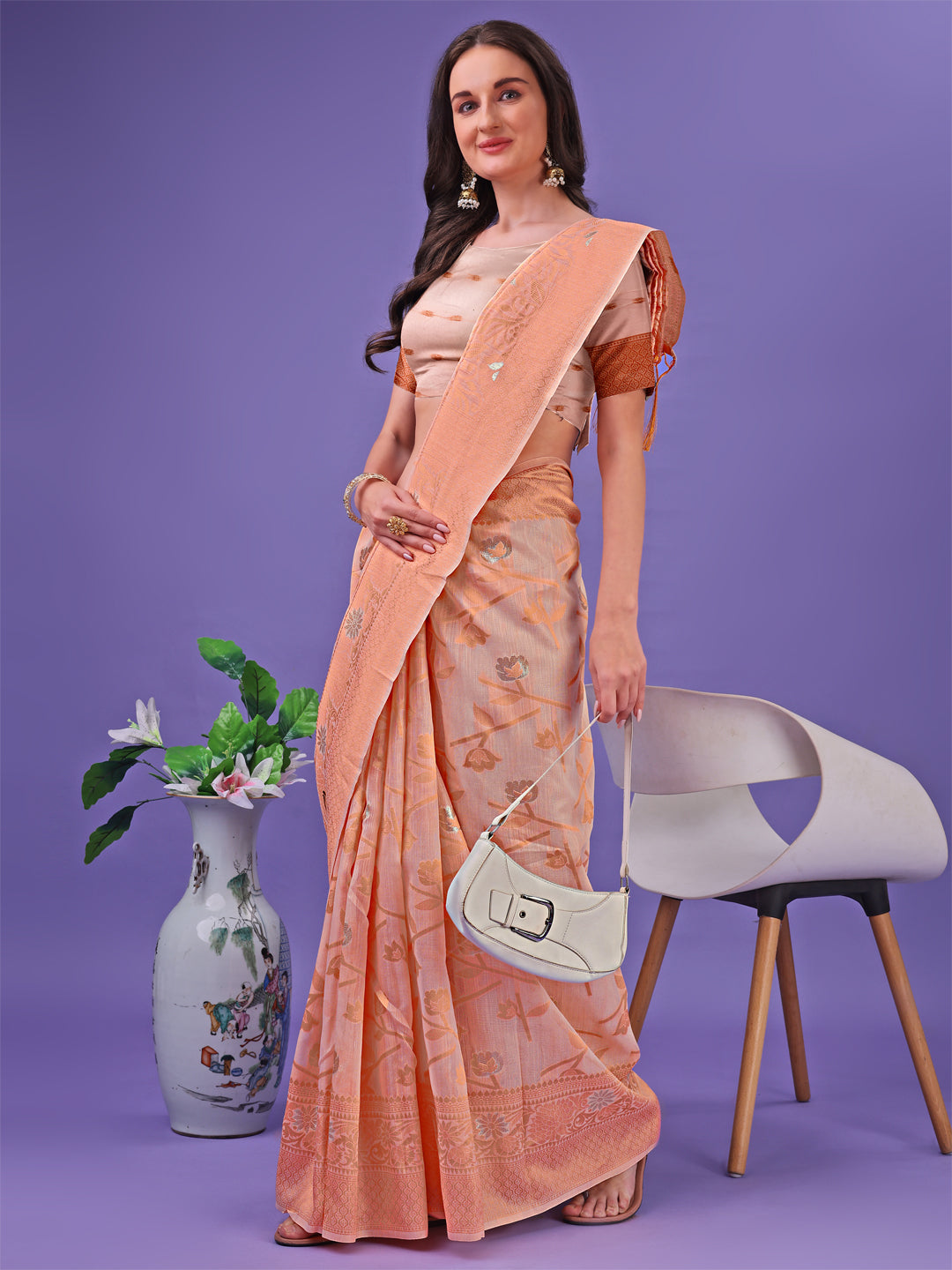 Astita Peach Lichi Silk Saree with Floral Weaving & Tassel Pallu - Elegant Festive & Party Wear Saree - Distacart
