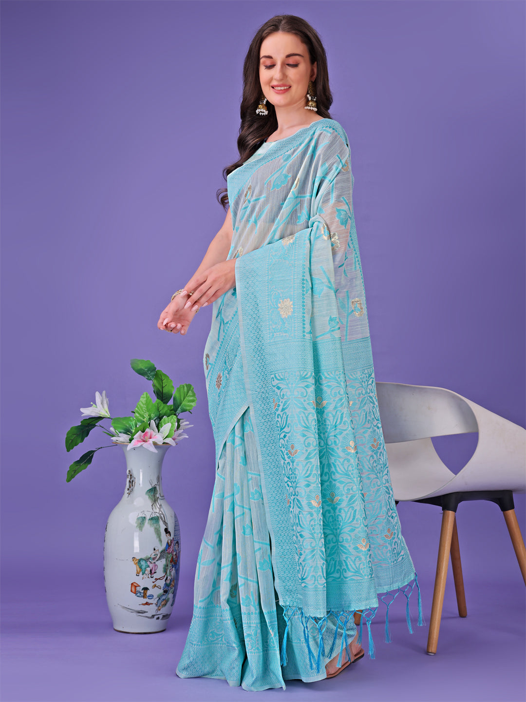 Astita Sky Blue Lichi Silk Saree with Floral Weaving & Tassel Pallu - Elegant Festive & Party Wear Saree - Distacart