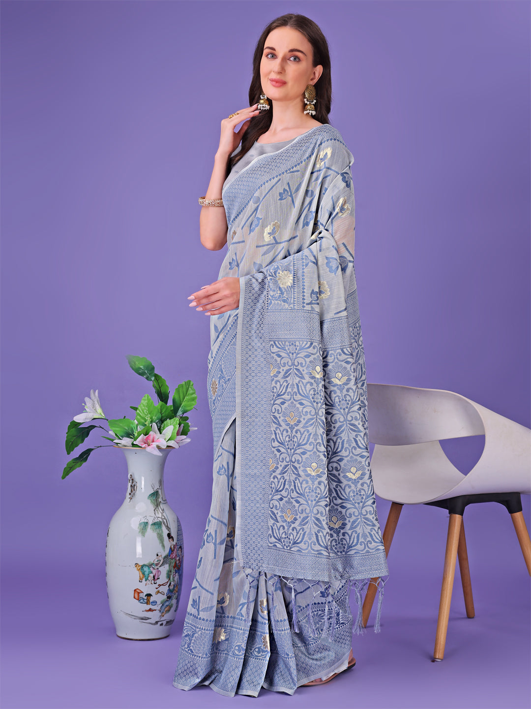 Astita Grey Lichi Silk Saree with Floral Weaving & Tassel Pallu - Elegant Festive & Party Wear Saree - Distacart