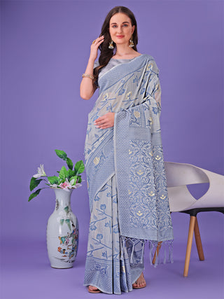 Astita Grey Lichi Silk Saree with Floral Weaving & Tassel Pallu - Elegant Festive & Party Wear Saree - Distacart