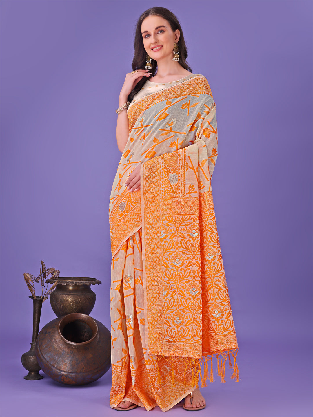 Astita Orange Lichi Silk Saree with Floral Weaving & Tassel Pallu - Elegant Festive & Party Wear Saree - Distacart