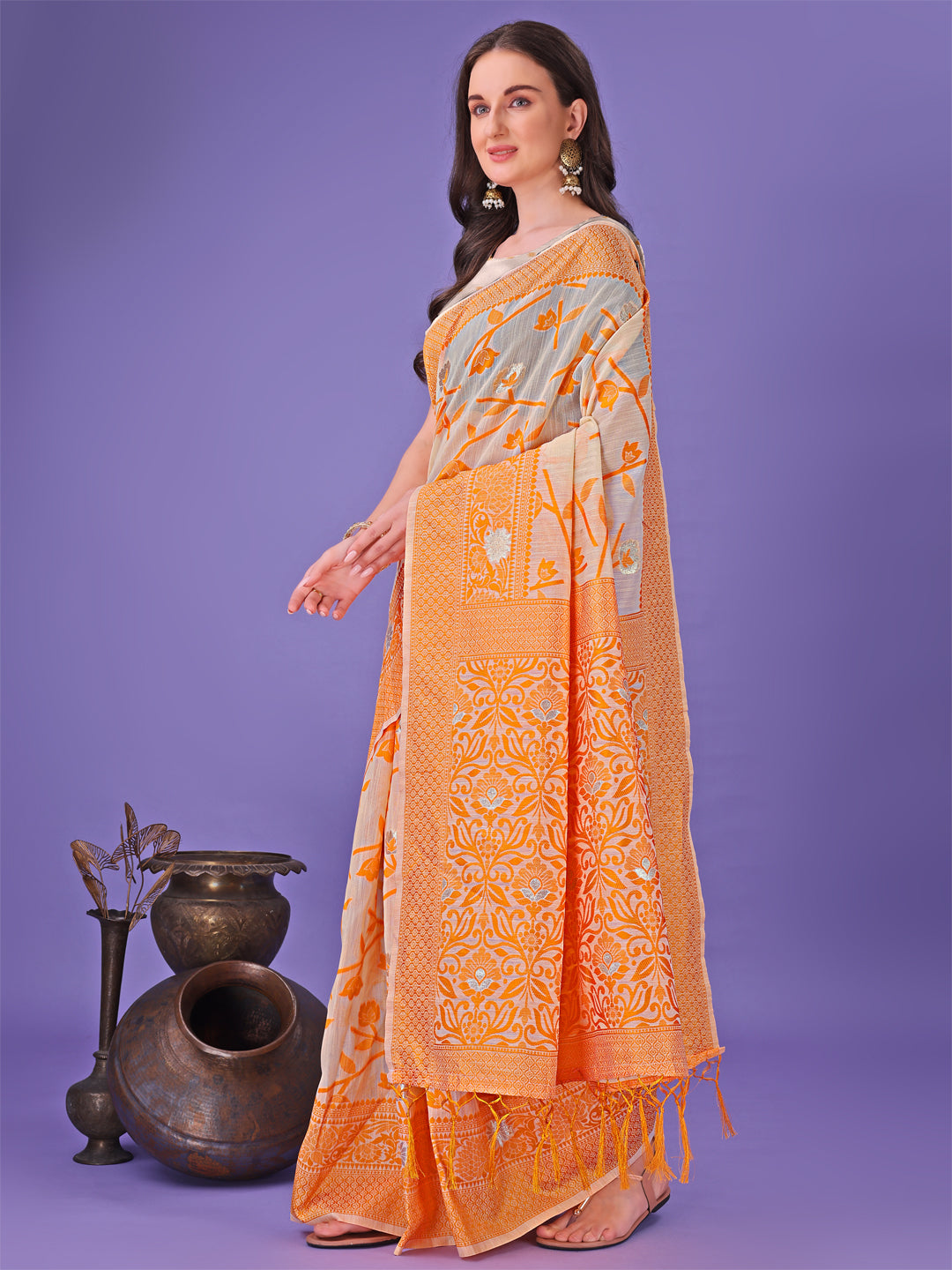 Astita Orange Lichi Silk Saree with Floral Weaving & Tassel Pallu - Elegant Festive & Party Wear Saree - Distacart