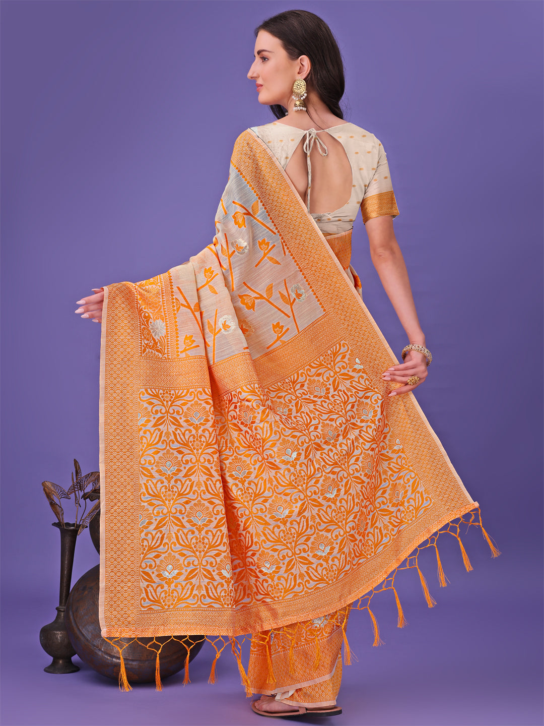 Astita Orange Lichi Silk Saree with Floral Weaving & Tassel Pallu - Elegant Festive & Party Wear Saree - Distacart