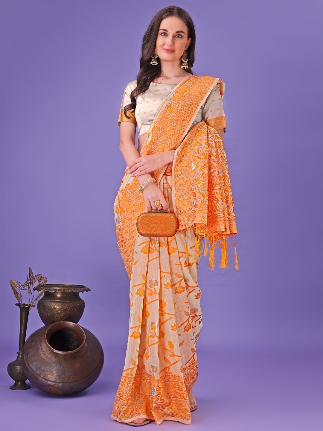 Astita Orange Lichi Silk Saree with Floral Weaving & Tassel Pallu - Elegant Festive & Party Wear Saree - Distacart