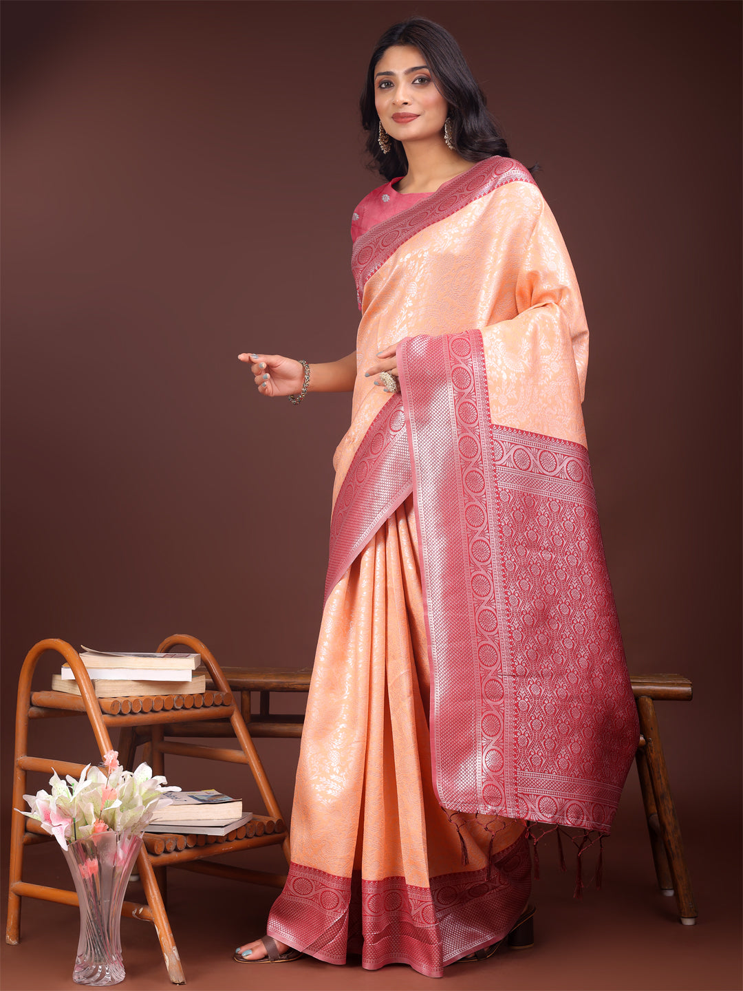 Astita Graceful Orange & Maroon Banarasi Silk Saree with Rich Zari Woven Border - Traditional Elegance for Celebrations - Distacart