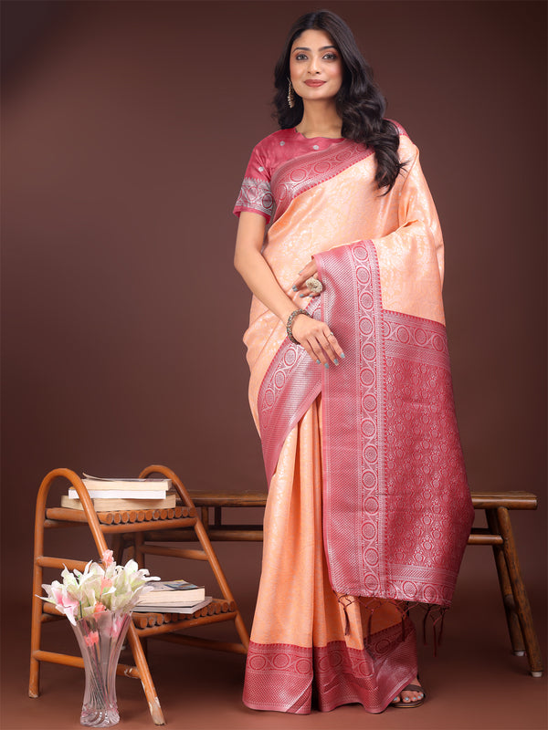 Astita Graceful Orange & Maroon Banarasi Silk Saree with Rich Zari Woven Border - Traditional Elegance for Celebrations - Distacart