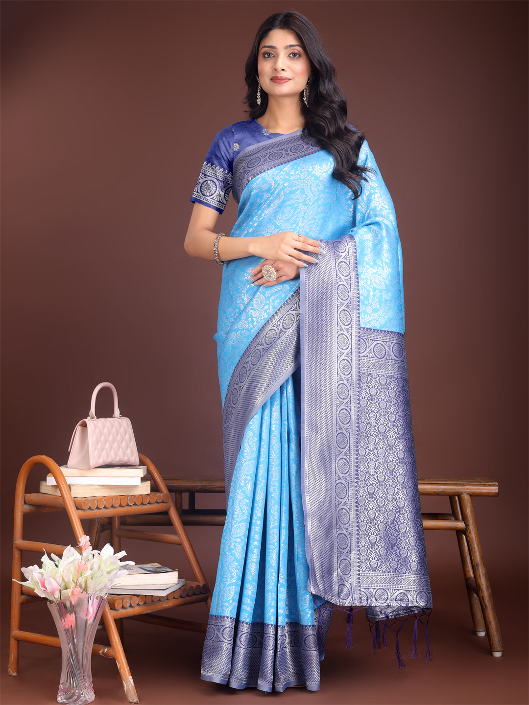 Astita Graceful Sky Blue & Blue Banarasi Silk Saree with Rich Zari Woven Border - Traditional Elegance for Celebrations - Distacart