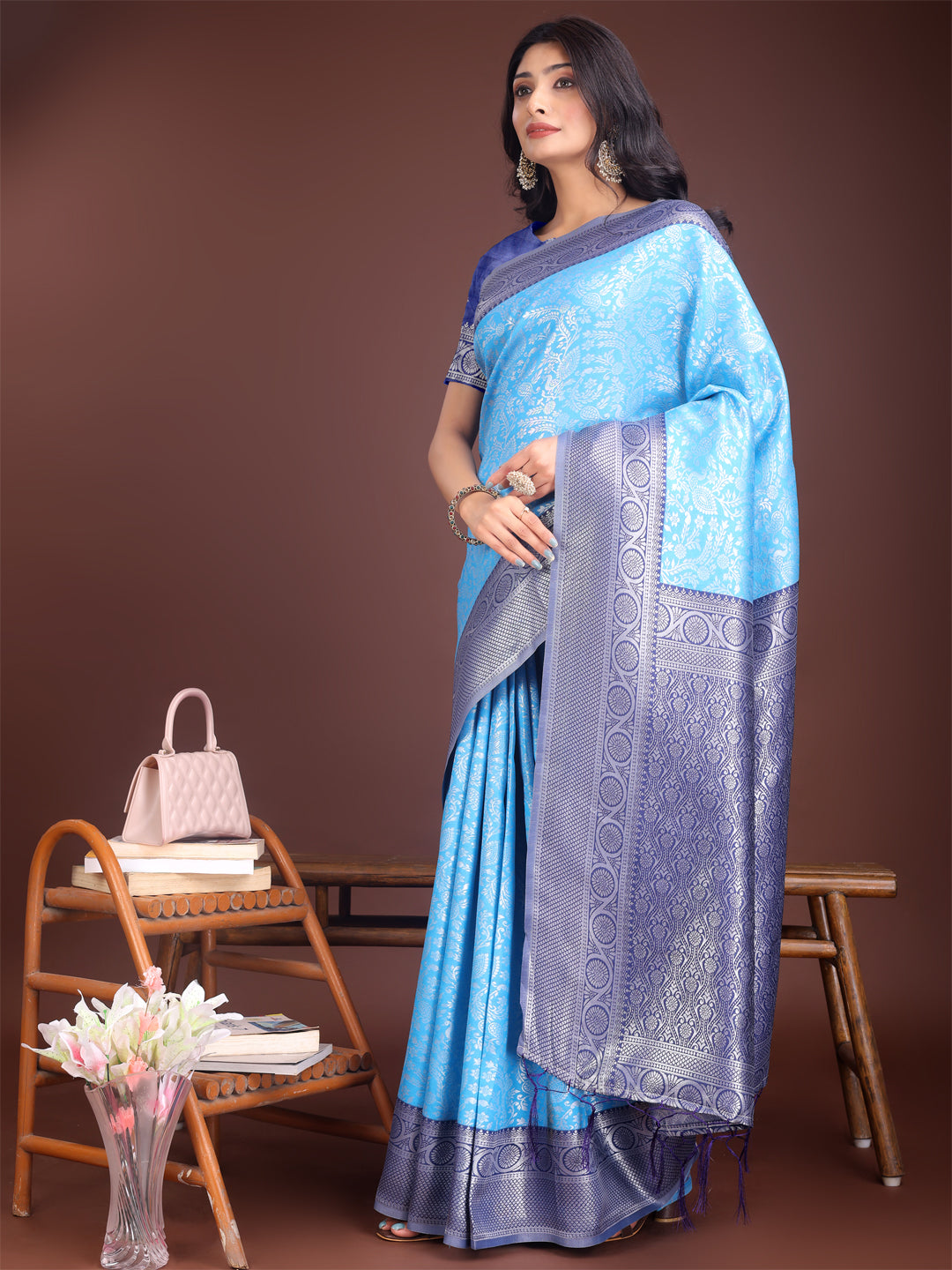 Astita Graceful Sky Blue & Blue Banarasi Silk Saree with Rich Zari Woven Border - Traditional Elegance for Celebrations - Distacart