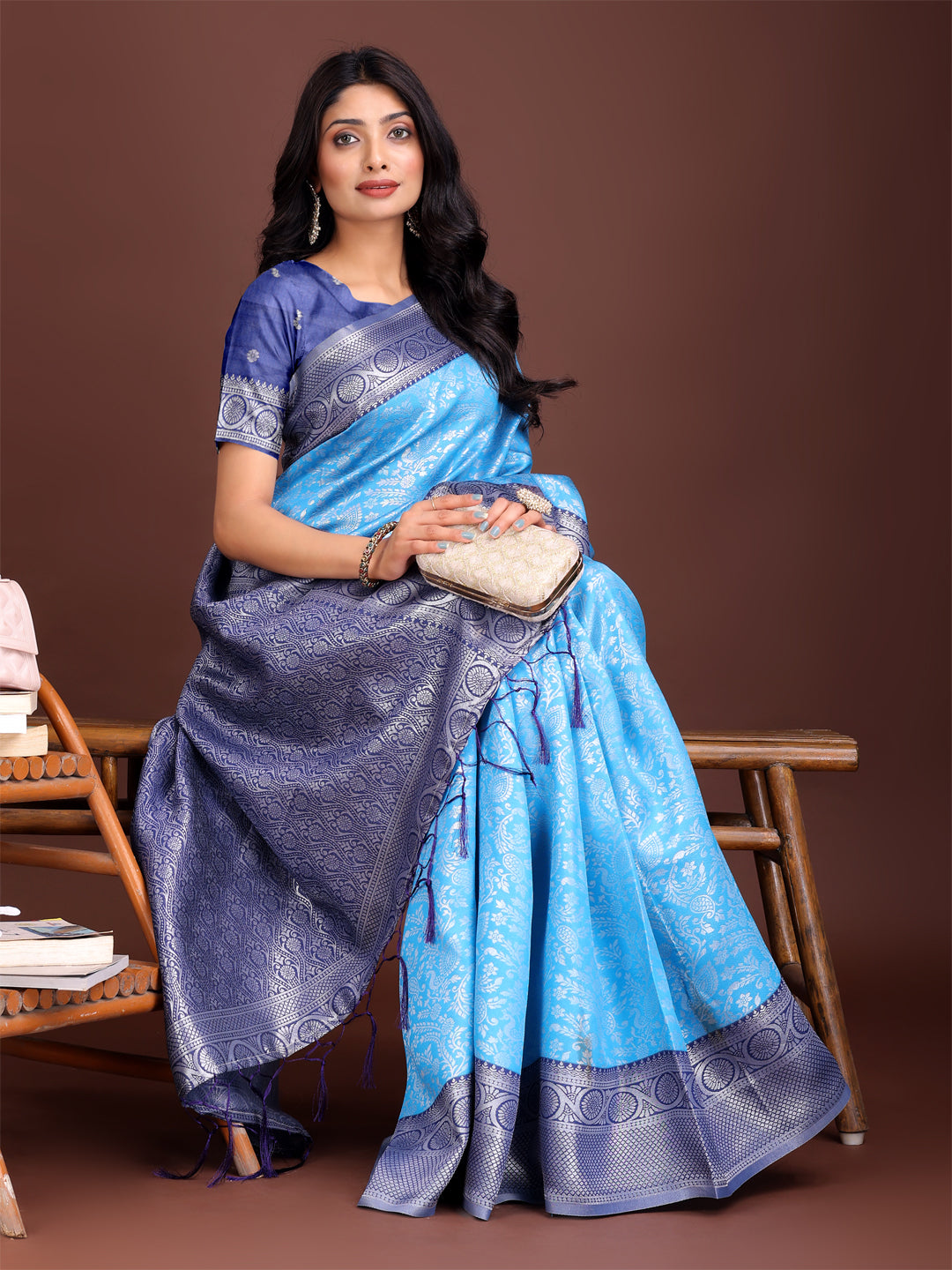 Astita Graceful Sky Blue & Blue Banarasi Silk Saree with Rich Zari Woven Border - Traditional Elegance for Celebrations - Distacart