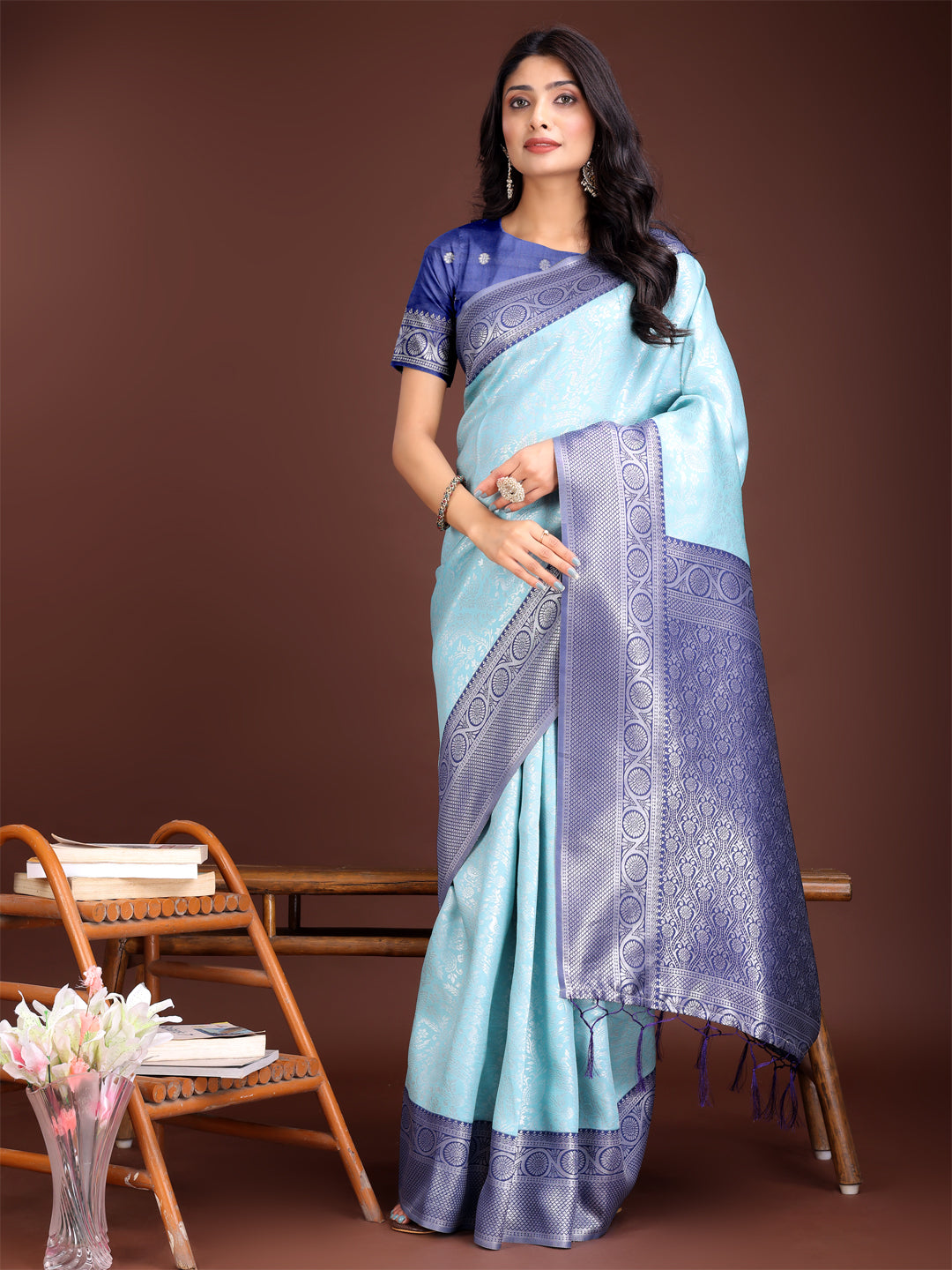 Astita Graceful Teal & Blue Banarasi Silk Saree with Rich Zari Woven Border - Traditional Elegance for Celebrations - Distacart