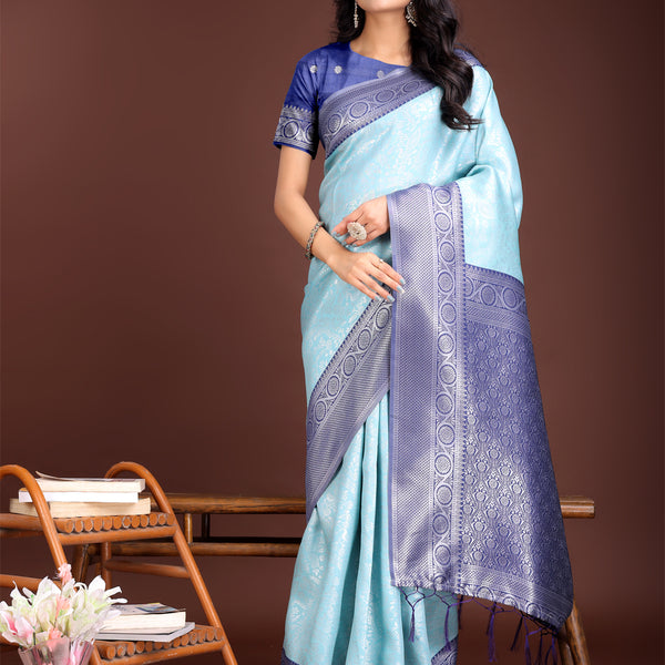 Astita Graceful Teal & Blue Banarasi Silk Saree with Rich Zari Woven Border - Traditional Elegance for Celebrations - Distacart
