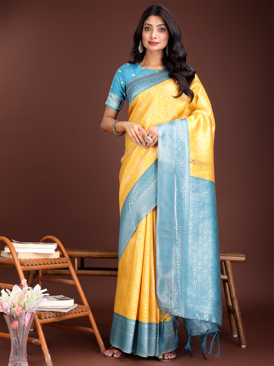 Astita Graceful Yellow & Blue Banarasi Silk Saree with Rich Zari Woven Border - Traditional Elegance for Celebrations - Distacart
