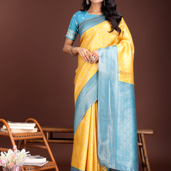 Astita Graceful Yellow & Blue Banarasi Silk Saree with Rich Zari Woven Border - Traditional Elegance for Celebrations - Distacart