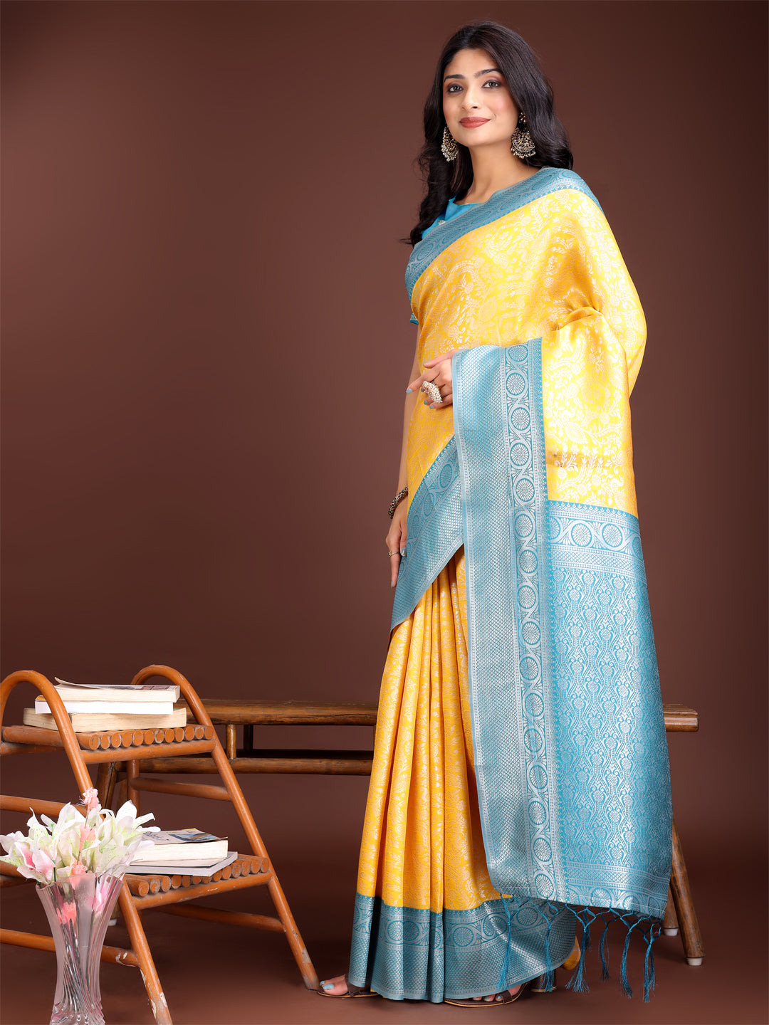 Astita Graceful Yellow & Blue Banarasi Silk Saree with Rich Zari Woven Border - Traditional Elegance for Celebrations - Distacart