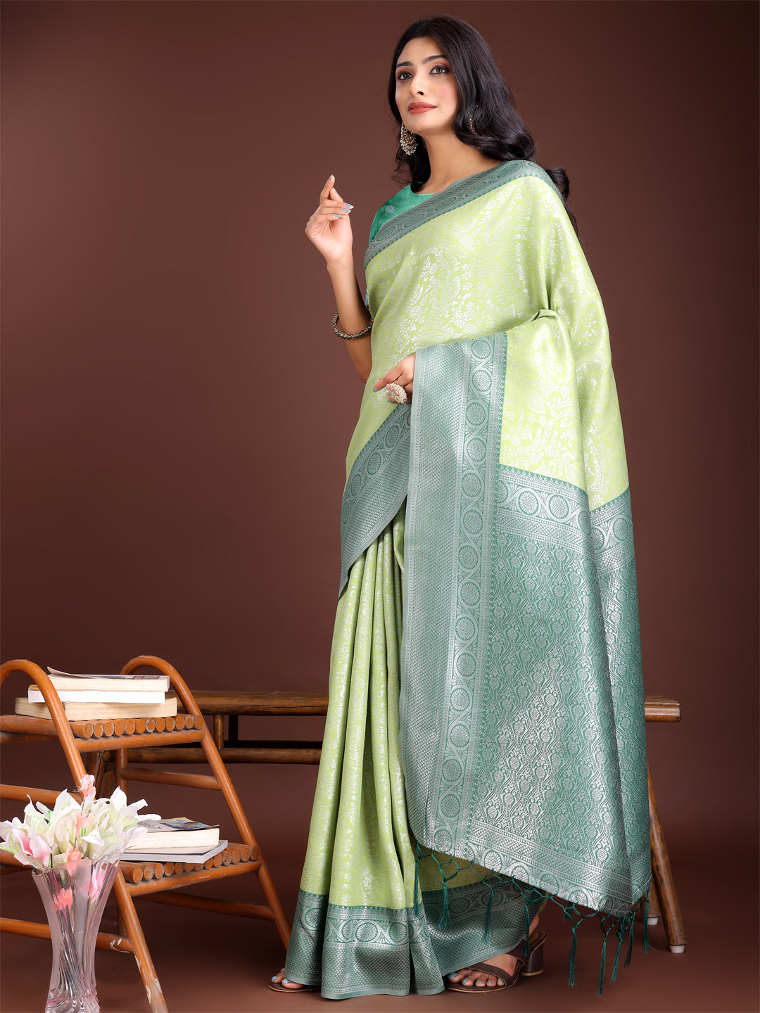 Astita Graceful Light Green & Green Banarasi Silk Saree with Rich Zari Woven Border - Traditional Elegance for Celebrations - Distacart
