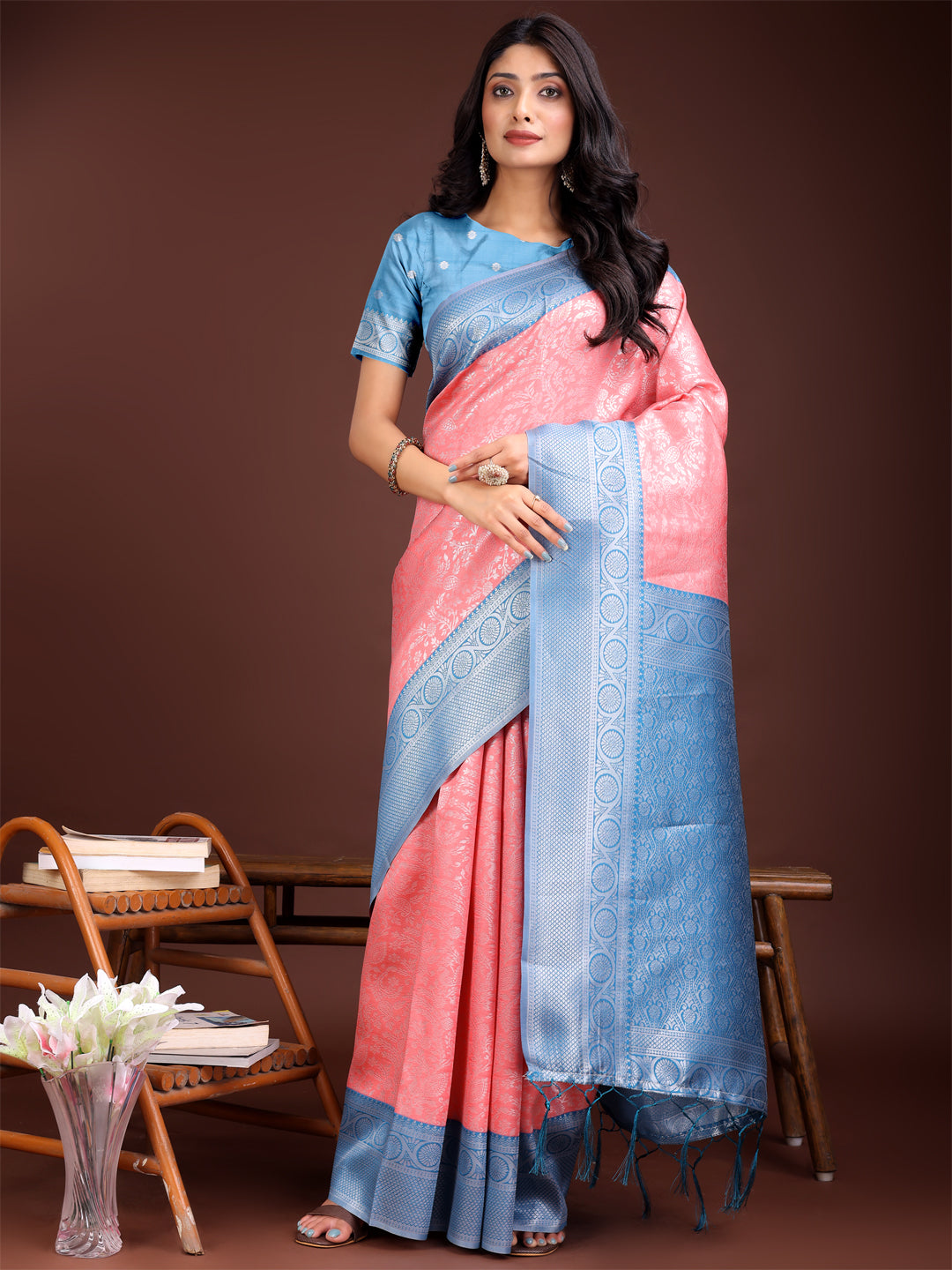 Astita Graceful Peach & Blue Banarasi Silk Saree with Rich Zari Woven Border - Traditional Elegance for Celebrations - Distacart