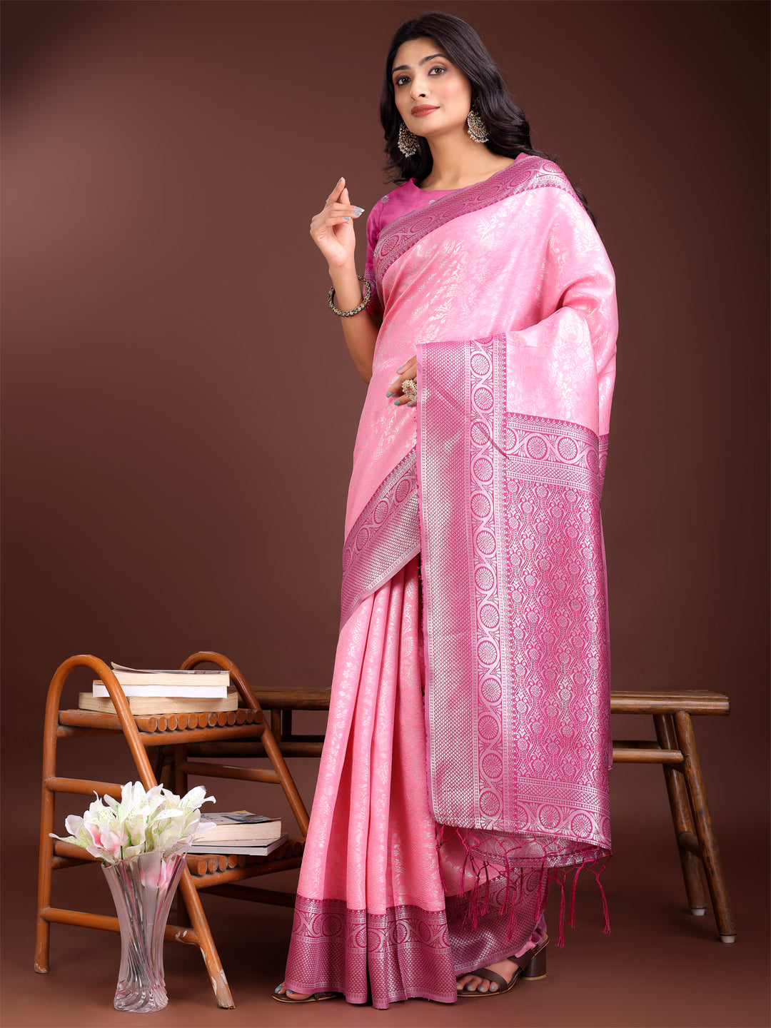 Astita Graceful Light Pink & Pink Banarasi Silk Saree with Rich Zari Woven Border - Traditional Elegance for Celebrations - Distacart